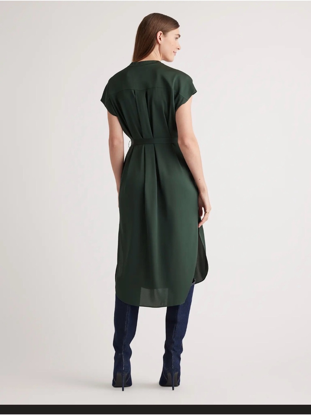 Quince Forest Green Washable Stretch Silk Midi Shirt Dress - Picture 4 of 7